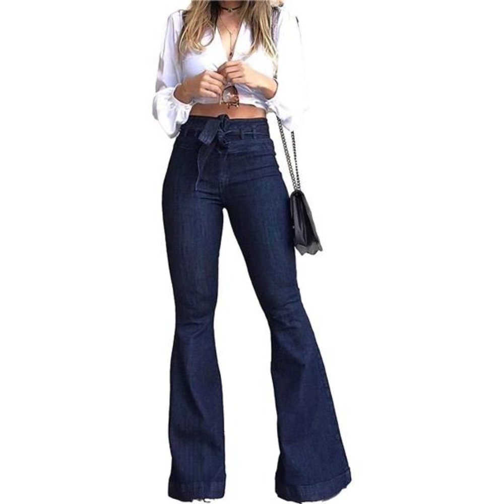 Dark Wash High Waist Bell Bottom Flare Jeans Wide Leg Belted Bow Denim Pants - Picture 5 of 6
